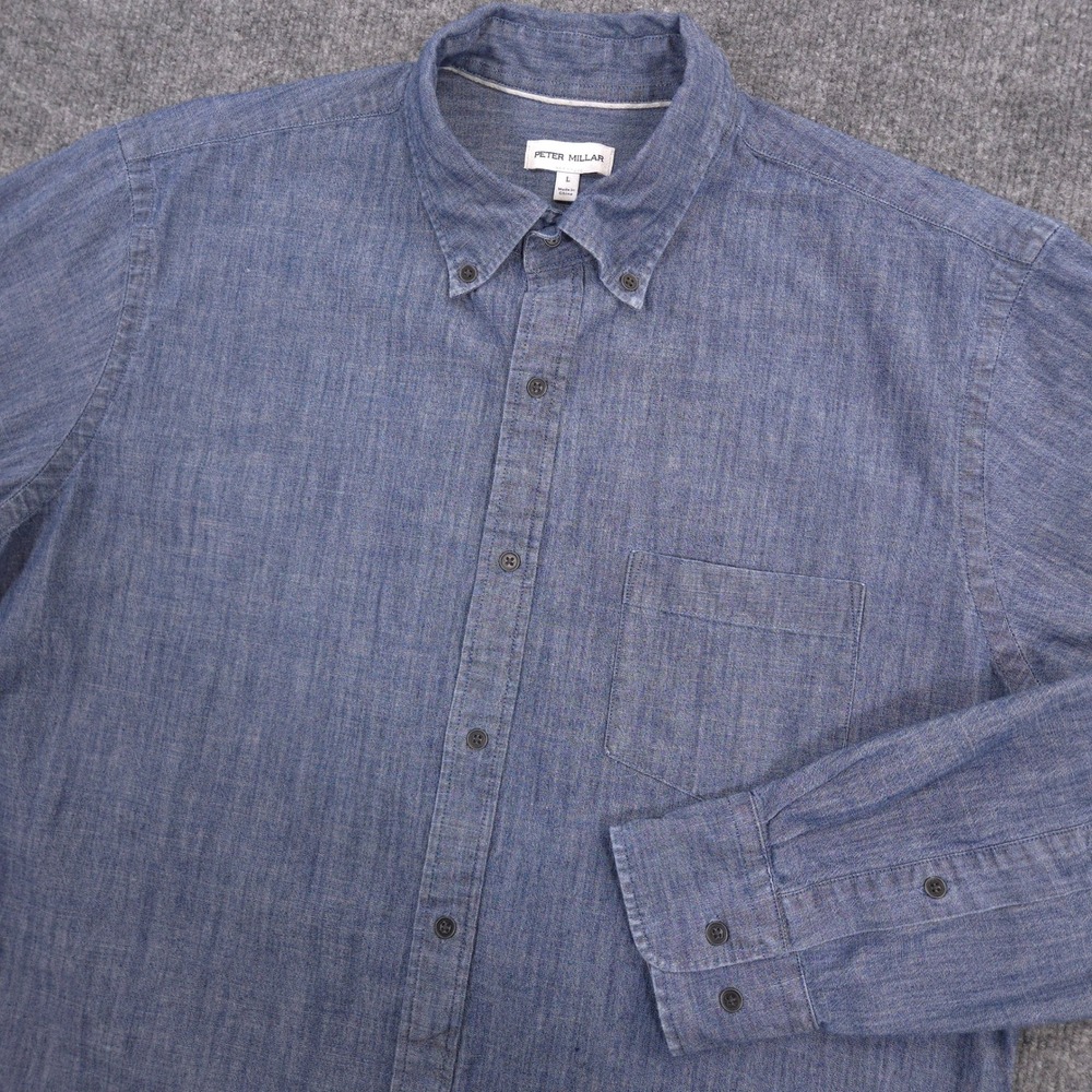 Peter Millar Tamworth Chambray Shirt Mens L Blue Stretch Long Sleeve Button Down